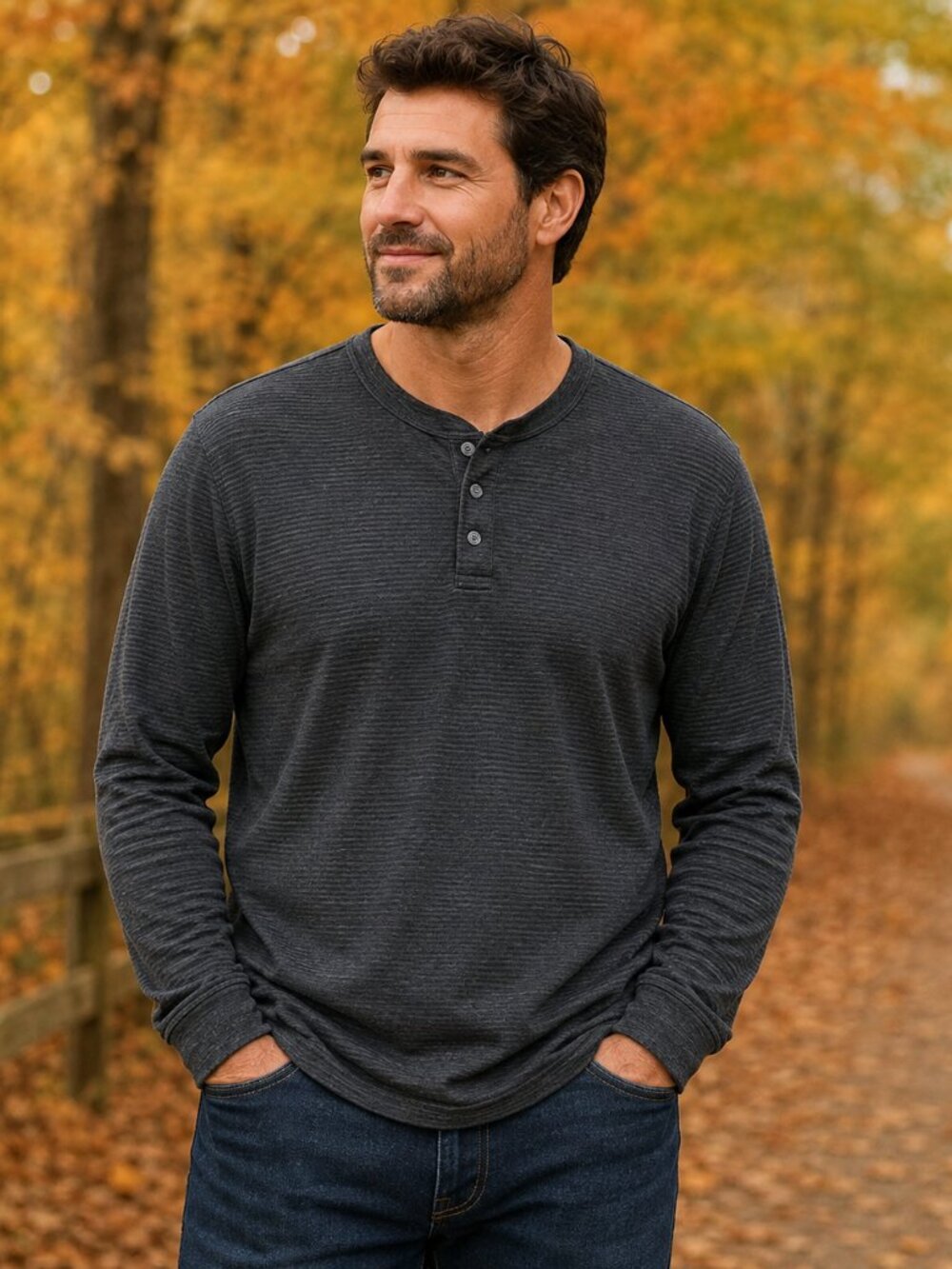Denver Hayes Charcoal Striped Henley Shirt Men's XL Long Sleeve Casual Top